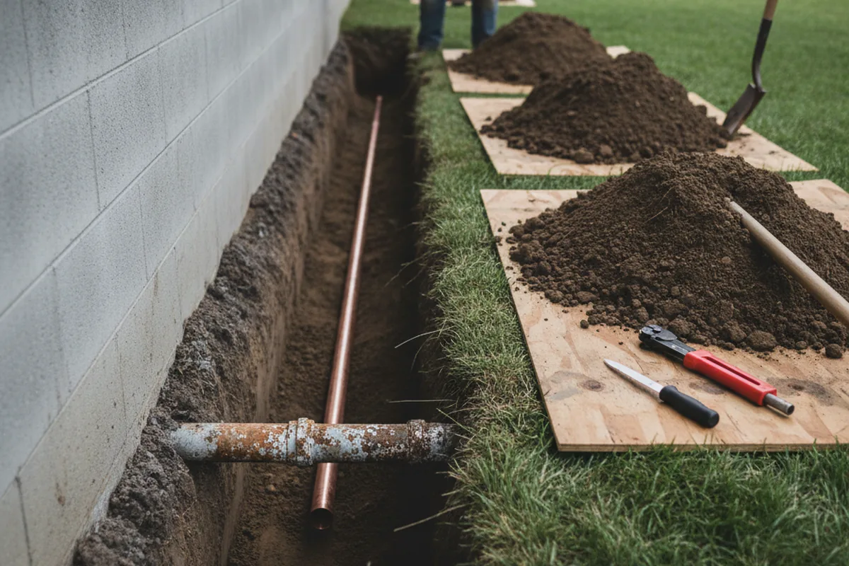 Excavated water line trench during Water Softener Installation in Newton Highlands